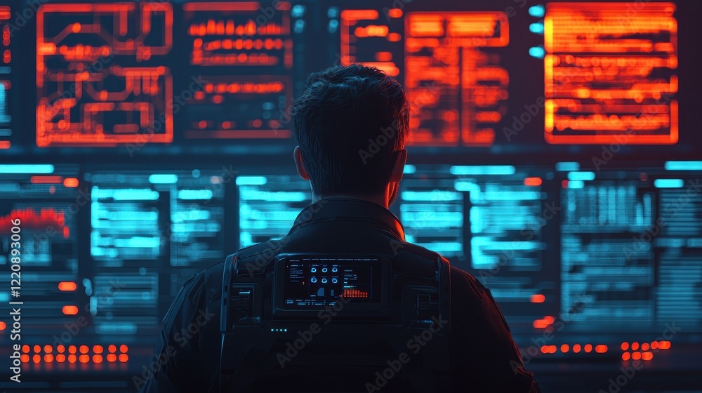 Poster a person stands in front of glowing screens filled with data, immersed in a high-tech environment il