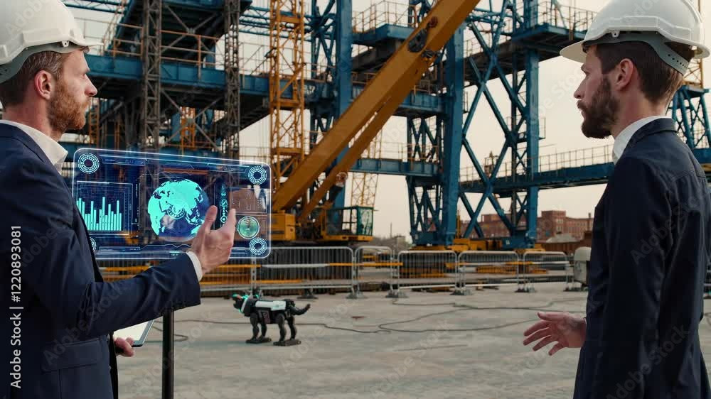 Aufkleber Innovative technology showcased at a construction site with interactive displays and a robotic dog assisting workers