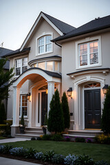 Obraz premium Luxury Home Exterior: Elegant Design and Modern Architecture. Discover the captivating facade, landscaping, and twilight ambiance of this stunning residential property.