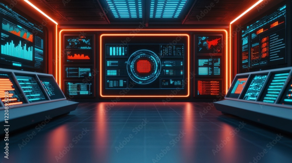 Aufkleber a futuristic control room with glowing screens displaying data and analytics, featuring a dark ambia
