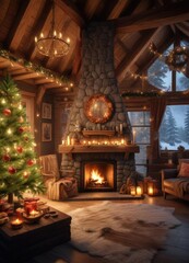 Fototapeta premium A cozy holiday cabin with a crackling fire and festive decorations , relaxing retreat, snug cottage, crackling fire