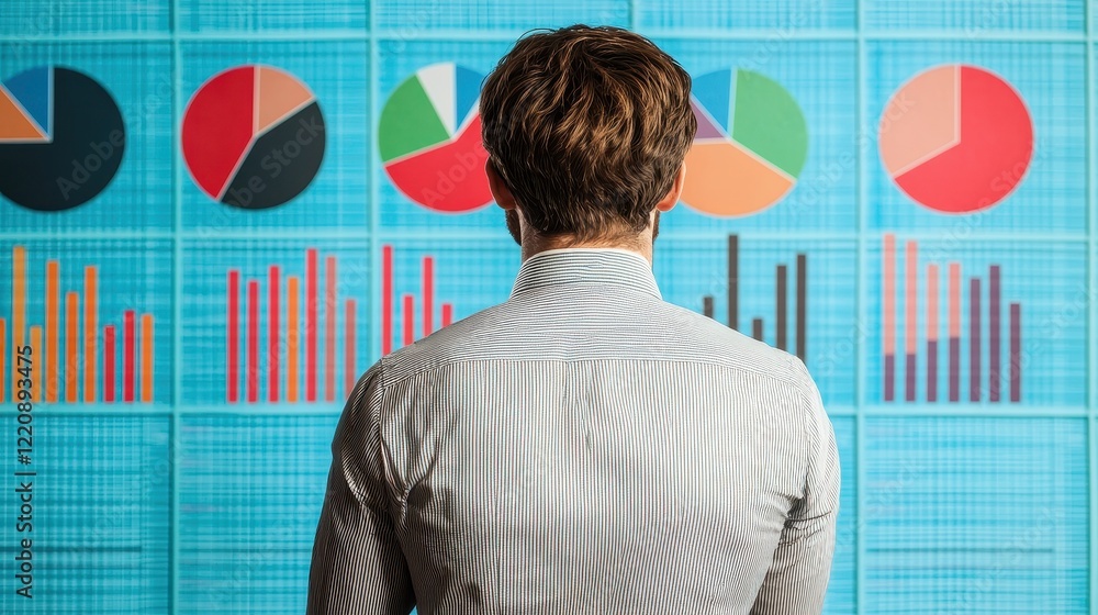 Poster a person studies colorful charts and graphs displayed on a digital screen, reflecting data analysis 