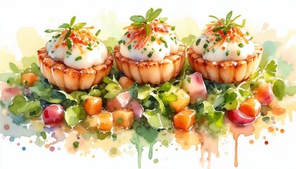 Obraz premium Watercolor scallop dish with layered ingredients, foam, and garnish