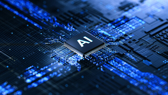 AI chip on a circuit board. Symbolizes technological advancement and artificial intelligence integration. 3d rendering, conceptual image.