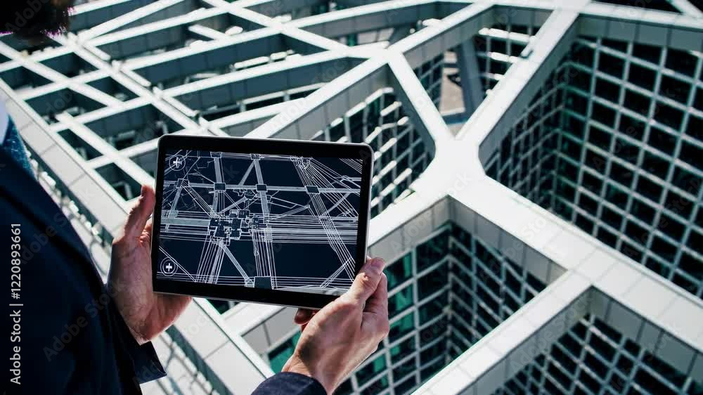 Poster exploring digital mapping technology atop a modern urban building with advanced architecture
