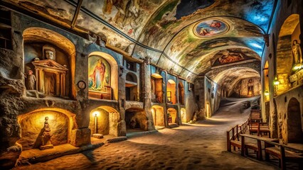 Fototapeta premium Naples Catacombs San Gennaro Fresco January 2024 - Ancient Roman Underground City Tourist Attraction