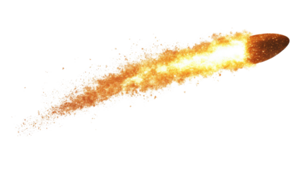 A cluster of burning meteoroids entering Earth's atmosphere, creating a fiery streak across the sky, with a white background.