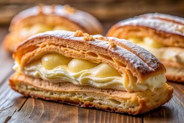 Close-up of a Cut Eclair Cake, Creamy Filling Visible, Documentary Photography Style