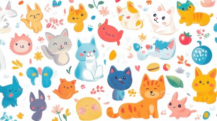 A collection of cute cartoon animal stickers, featuring a smiling cat, dog, rabbit, and panda with pastel-colored backgrounds.