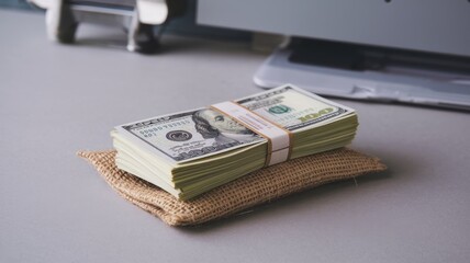 Naklejka premium Dollar bills on burlap with bribe or reward concept