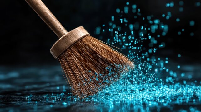 A wooden broom is sweeping vibrant digital blue particles, representing the idea of cleaning data or information from a surface, evoking a sense of digital purity.