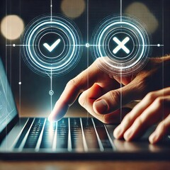 Close-up view of a person's hands interacting with a laptop screen
