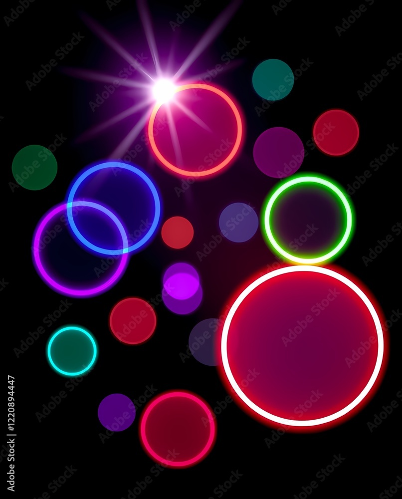 Poster neon circles with luminous edges and bright glare create an exciting reflection of color light on a 