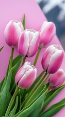 Fototapeta premium Fresh pink tulips arranged beautifully with vibrant green leaves in a decorative setting