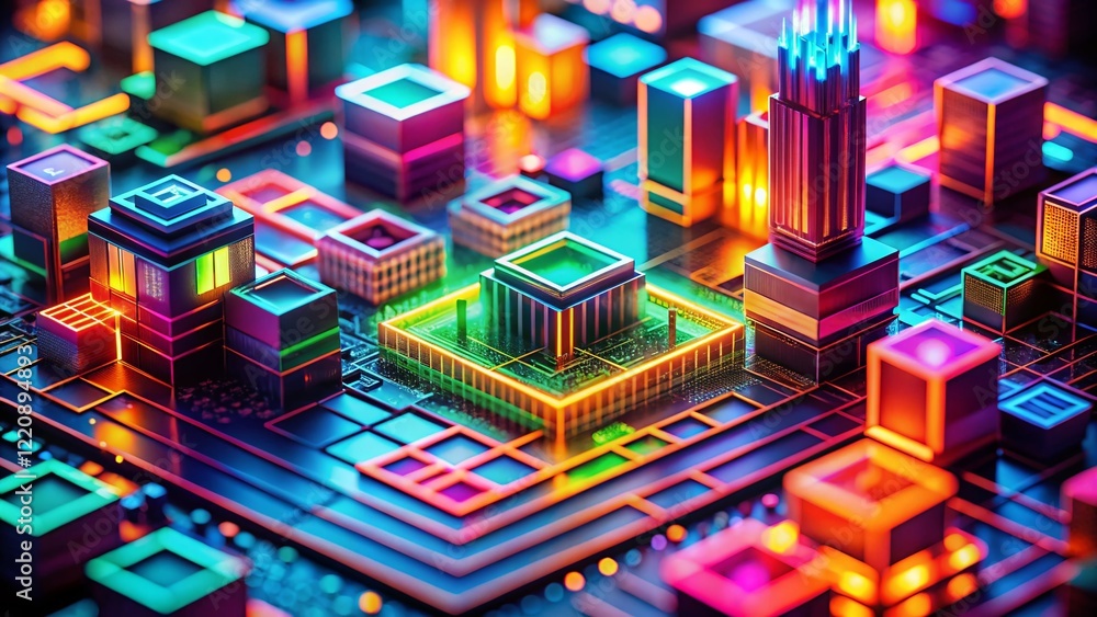 Poster neon geometric pattern background with copy space - tilt-shift miniature effect