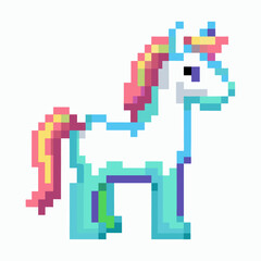 Obraz premium Colorful Pixel Art Unicorn with Rainbow Mane on White Background
