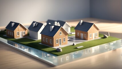 Miniature model of a residential development showcasing several small wooden houses on a grassy landscape displayed on a glass platform.