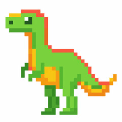 Obraz premium Retro Pixel Art Dinosaur Character Roaring in Bright Green and Orange Colors