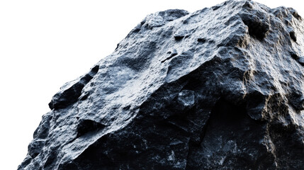 Close-up of a rough mineral stone with a black texture, isolated on a white background, showcasing its natural form and geological features