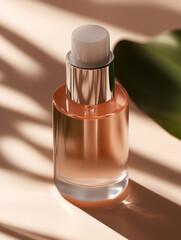 Naklejka premium Elegant glass bottle containing a cosmetic serum, set against a warm background with natural light creating soft shadows
