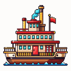 Obraz premium Retro Pixel Art Steamboat with Flag and Smoke Stack on Animated Water
