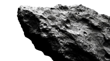 Close-up of a rough mineral stone with a black texture, isolated on a white background, showcasing its natural form and geological features