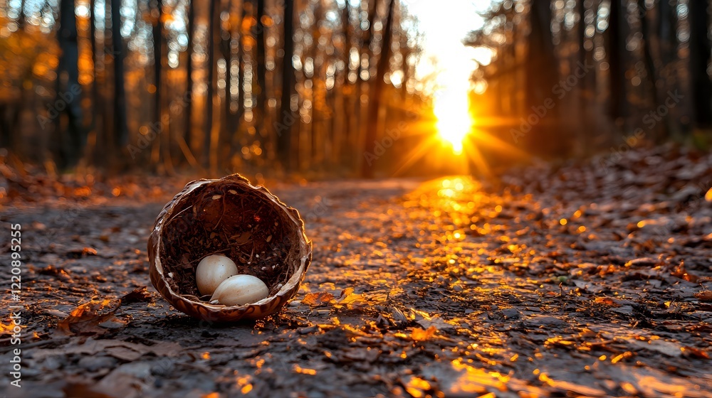 Poster serene forest scene at sunset with nest and eggs on pathway surrounded by golden autumn leaves and t