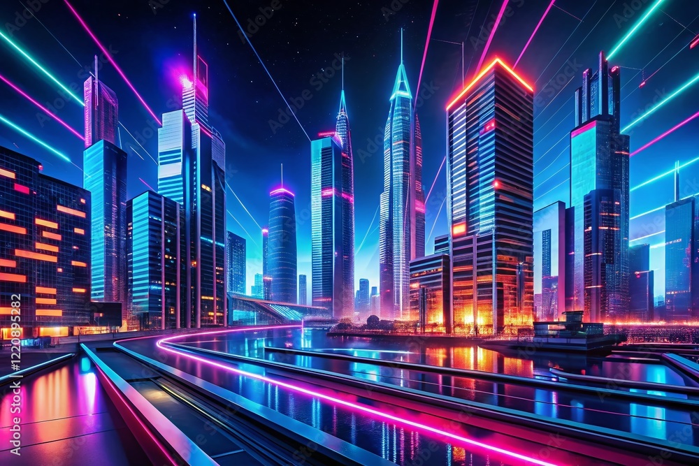 Aufkleber neon space background with right-side copy space for text overlay - futuristic sci-fi design