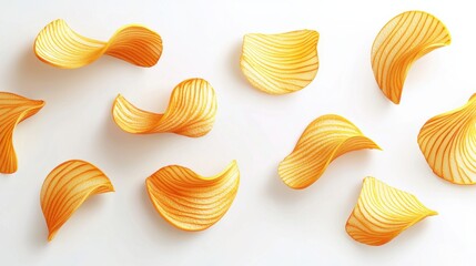 Curved potato chips arranged artistically on a white surface create a vibrant display of snacks perfect for gatherings
