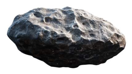 Close-up of a rough mineral stone with a black texture, isolated on a white background, showcasing its natural form and geological features