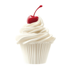 A close-up shot of a single cupcake adorned with fluffy whipped cream and a bright red cherry.