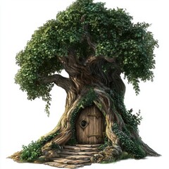 Fototapeta premium Enchanted Tree with Rustic Wooden Door Surrounded by Lush Greenery and Whimsical Nature Elements