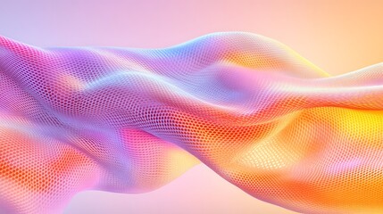 Abstract flowing mesh wave with colorful gradient hues creating a dynamic and vibrant visual representation of fluid motion and modern design aesthetics