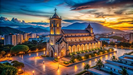 Naklejka premium Nha Trang Cathedral Night, Vietnam - Low Light Photography, February 2020