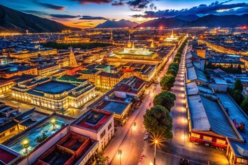 Fototapeta premium Night Aerial View of Lhasa's Barkhor Street and Jokhang Temple, Tibet