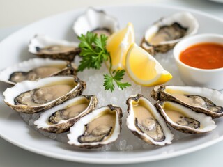 Fresh Oysters on Ice with Lemon Wedges and Spicy Sauce