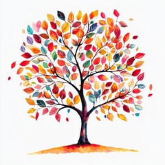 Obraz premium Vibrant Artistic Tree with Colorful Autumn Leaves in Watercolor Style for Nature Theme Decoration