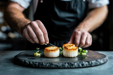 A chef delicately plates three seared scallops, garnished with herbs and sauce on a dark slate.
