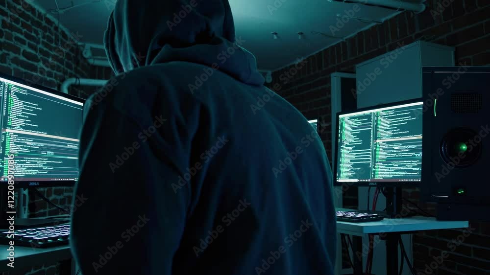 Poster cybersecurity expert works late into the night on complex coding in a dimly lit tech lab filled with