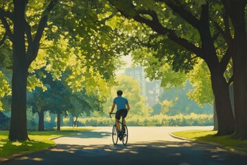 Fototapeta premium A cyclist enjoys a sunny ride through a park's tree-lined path.