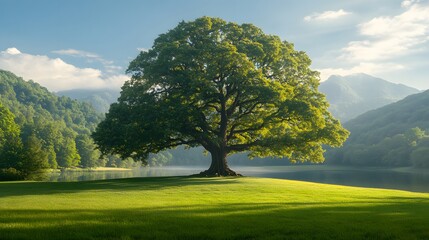 Fototapeta premium Majestic Oak Tree Surrounded by Lush Greenery Near Serene Lake in a Picturesque Mountain Landscape Under Clear Blue Skies at Sunrise