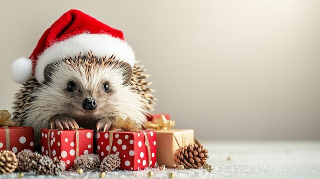 A curious hedgehog wearing a Christmas hat surrounded by small presents 
