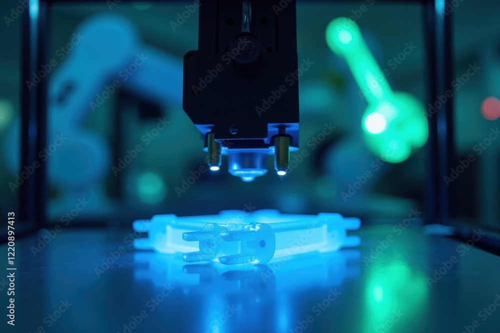 Poster advanced 3d printer technology in action with glowing components