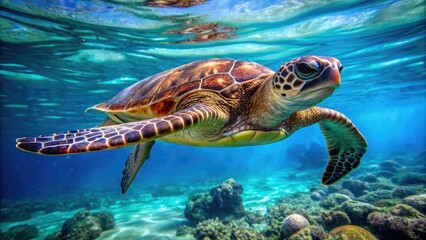 Obraz premium A majestic sea turtle gliding effortlessly through the clear blue waters of the open ocean, sea turtle, aquatic mammal