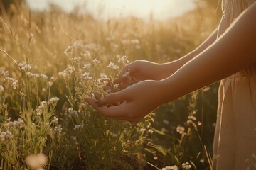 Gentle hands carefully hold delicate wildflowers in a sun-drenched meadow.