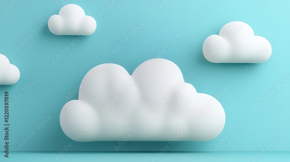 Poster a serene blue background features fluffy white clouds, creating a calming and whimsical atmosphere, 