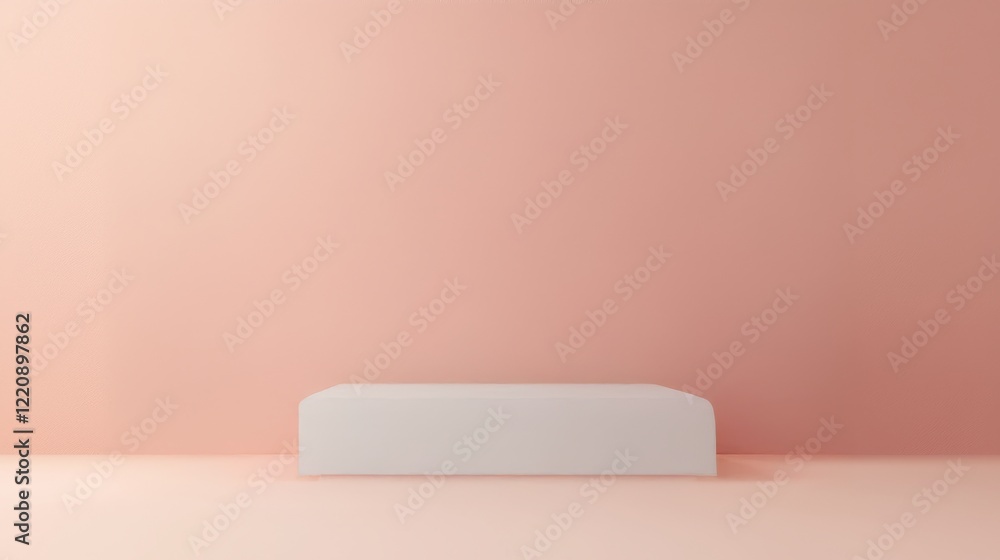 Poster a minimalist scene featuring a white rectangular object against a soft peach wall, creating a clean 