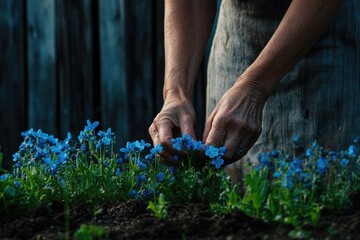 Naklejka premium Elderly woman's hands gently tend to a vibrant patch of blue flowers in a garden.