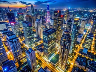 Fototapeta premium Night Cityscape Aerial View: Stunning Illuminated Skyscrapers & Modern Architecture