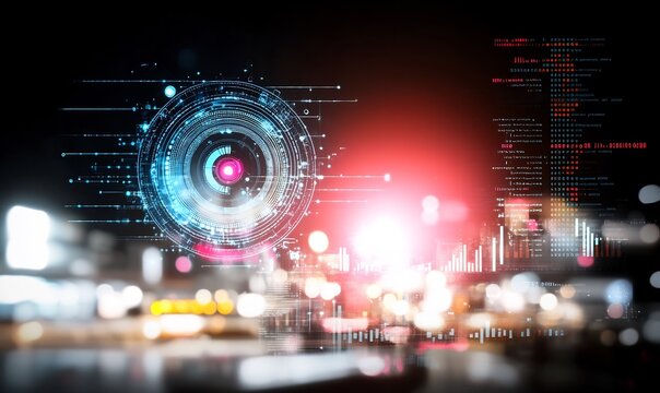 Futuristic city night, digital interface overlay, data streams, tech background, website banner - Powered by Adobe